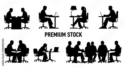 Silhouettes of people working at desks in various office settings and collaborative environments viewed from above