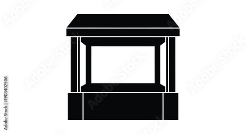 A stark black silhouette depicts a ticket booth or window showcasing a simple geometric design high quality professional