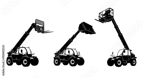 Telescopic forklifts and aerial lifts in various operational modes on a plain white background, viewed from the side