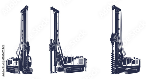 Drilling machines in various positions and angles, showcasing their mechanical components and versatility in industrial settings.