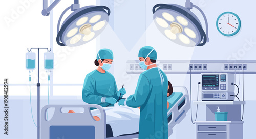 A professional surgeon and medical team in uniform work with precision equipment inside a modern hospital operating room to provide healthcare and surgical care for a patient