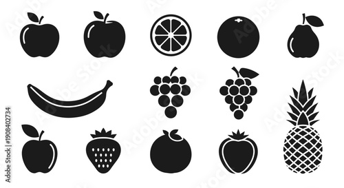 Collection of various fruit icons including apples, grapes, and pineapple in a grid layout