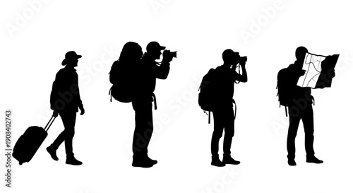 Travelers with luggage and cameras at different stages of their journey, silhouetted against a neutral background, showcasing various travel activities and viewpoints.
