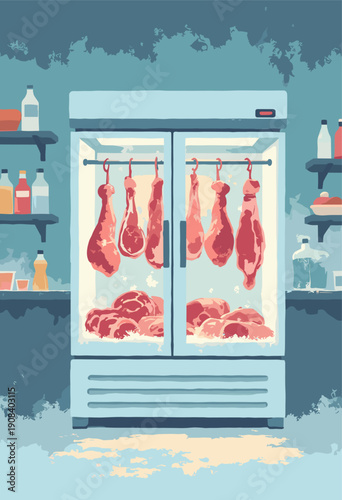 Butchers Walkin Freezer Hanging meats stylizedclean cold air vapor Food industry