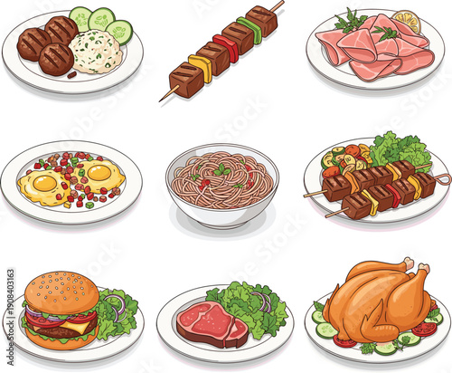 Delicious food and meal collection set with various dishes including grilled steak meat skewers burger fried eggs and roasted chicken vector illustration isolated.