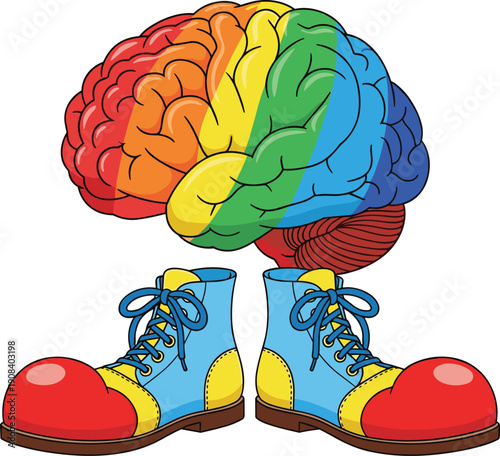 Surreal 2D illustration of a human brain with rainbow pride flag colors wearing colorful clown shoes isolated on a white background for diversity concepts