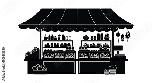 A simple black and white illustration depicts a street vendor s stall with various displayed goods high quality professional