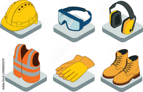 Set of isometric 3D personal protective equipment icons featuring yellow hard hat safety goggles earmuffs orange reflective vest work gloves and boots on white background