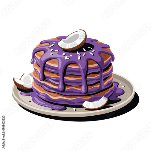 Delicious purple pancakes with coconut on a plate