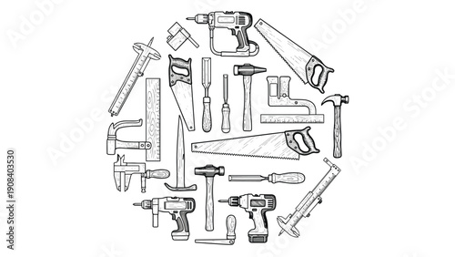 Circular composition of hand-drawn woodworking and carpentry tools including saws, hammers, drills, and measuring instruments in vintage style.