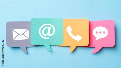 Icon of communication type on colourful speech bubble over a blue background.