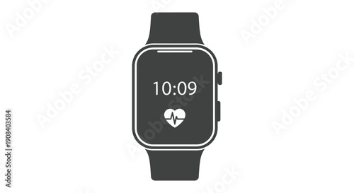 A minimalist illustration depicts a black smartwatch displaying the time and a heart rate icon high quality professional
