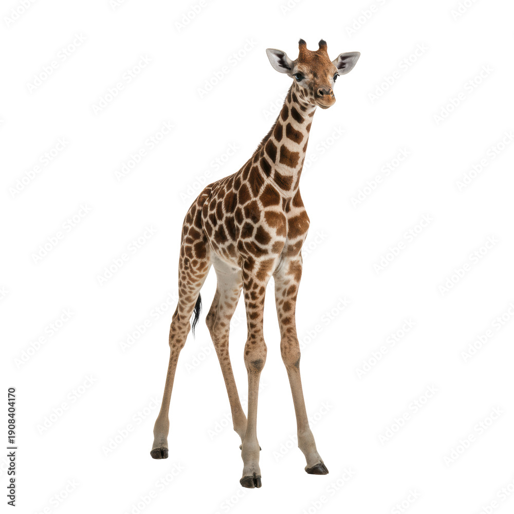 Fototapeta premium a newborn giraffe calf standing tentatively on long slender legs, showing its damp, velvety, high-contrast spotted coat and vulnerable wide eyes, isolated in a high-key studio setting. concept of