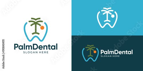 Creative simple palm dental logo template. Palm tree with teeth symbol for dentistry logo design vector illustration.