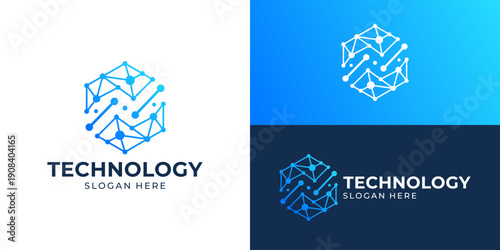 Creative modern technology logo template. Network hexagon connection technology data information digital futuristic logo design vector illustration.