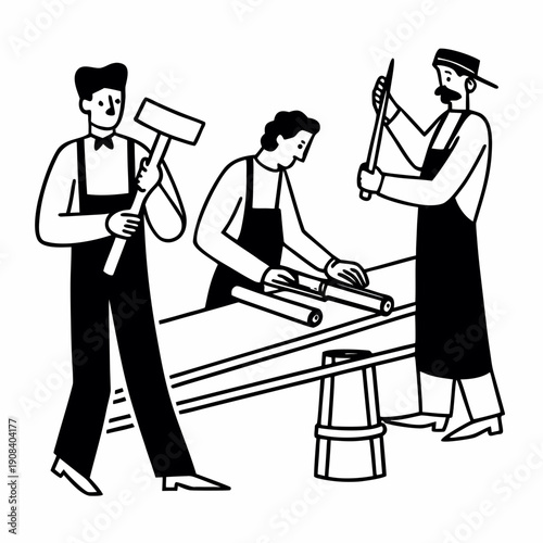 Black and white illustration of three craftsmen working in a workshop