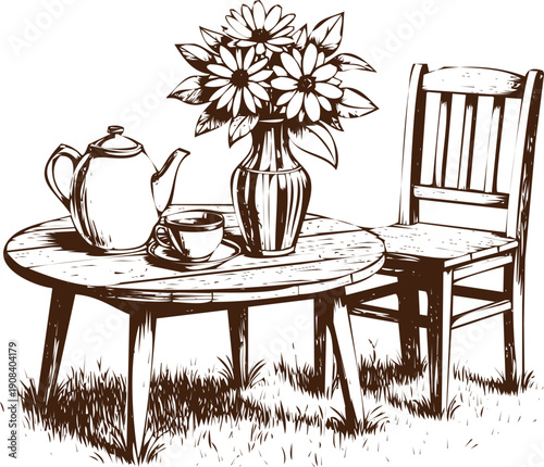 An engraving art style illustration hand drawn rustic outdoor tea setting with flowers on wooden table and chair sketch