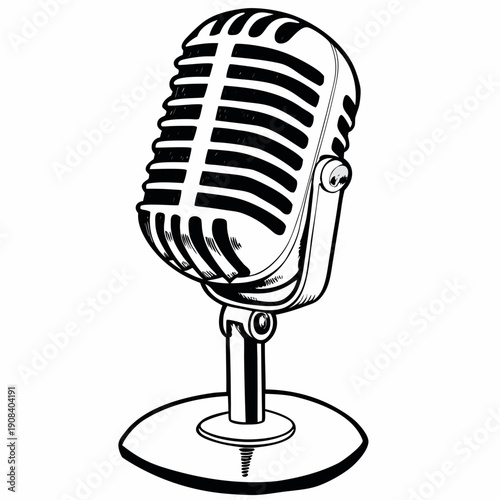 Black and white line art illustration of a vintage studio microphone.