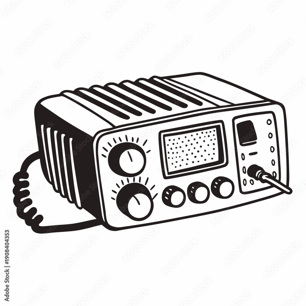 Fototapeta premium Black and white line art illustration of a vintage radio transceiver.