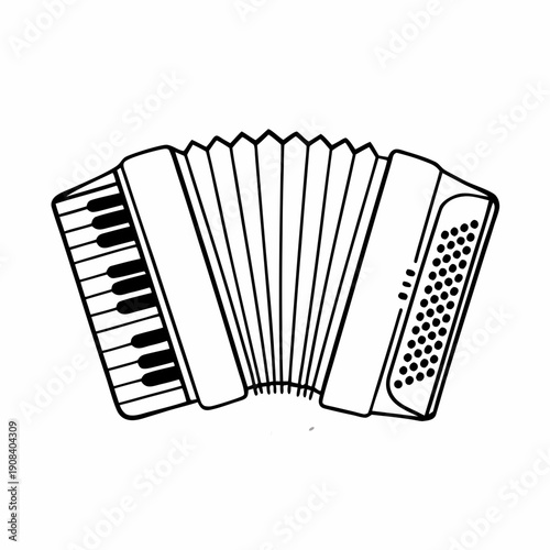 Black and white line art illustration of a classical accordion musical instrument