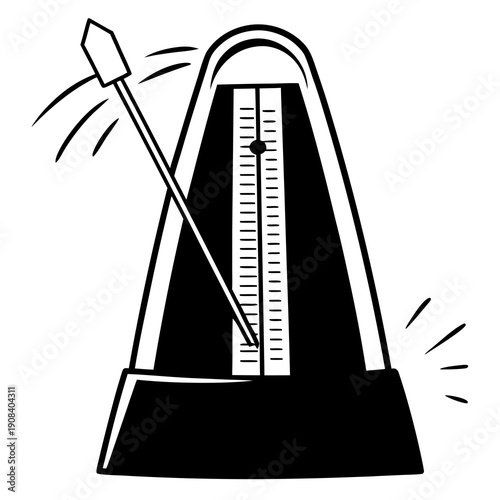 Black and white illustration of a mechanical metronome swinging.