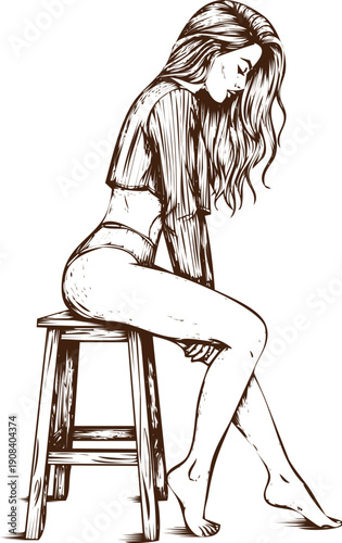 An engraving art style illustration hand drawn sketch of a beautiful young woman sitting on a wooden stool, pensive pose