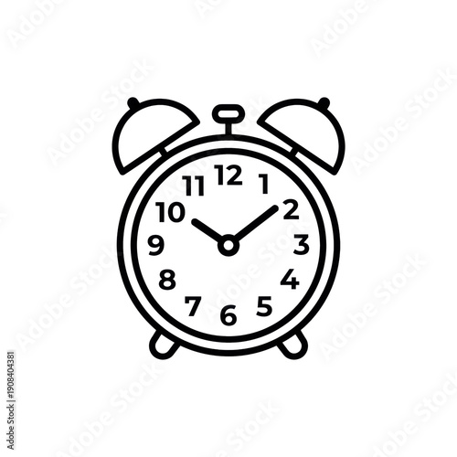 A stylized, monochromatic vintage twin-bell alarm clock rendered purely as a thick black line icon, isolated on a transparent background, presented in a crisp overhead view for professional