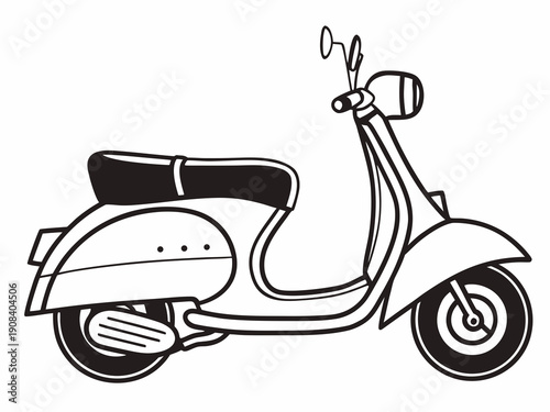 Vintage motor scooter illustration in black and white line art