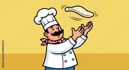 Cartoon Italian chef tossing pizza dough, vector illustration for restaurant menu, food delivery, cooking class, isolated on white