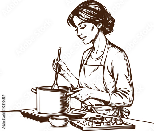 An engraving art style illustration hand drawn woman stirring ingredients in a pot while cooking in the kitchen, handdrawn sketch style