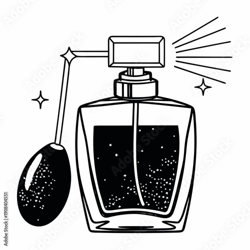 Black and white line art illustration of a perfume bottle