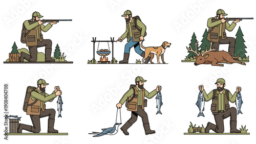 Set of hunters and fishermen in various outdoor activities like hunting deer, catching fish, and cooking over a campfire in the woods.
