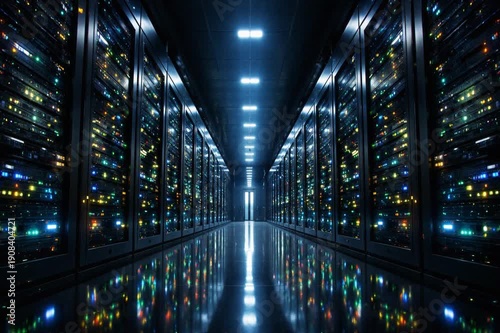 Modern Data Center Corridor with Glowing Server Racks and Reflections