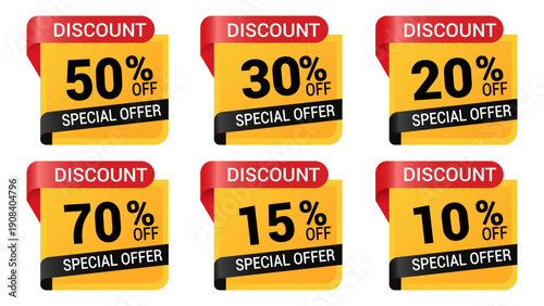 Collection of colorful discount stickers with various percentage offers
