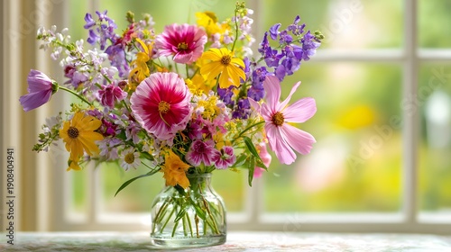 Vibrant Bouquet of Wildflowers in a Glass Vase by a Window.