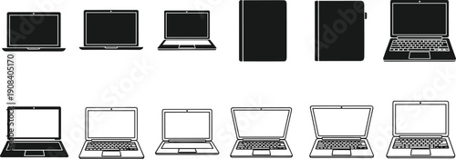 Laptop computer icon set, notebook, digital device, office equipment, technology, workstation, portable pc, screen, keyboard, cad drawing flat vector illustration