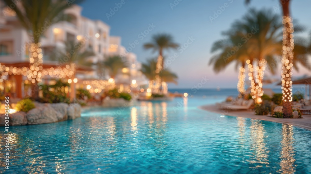 Fototapeta premium Blurred background of hotel restaurant and lounge area in resort.
