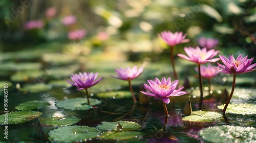 Beautiful Pink Water Lilies Blooming in a Serene Pond.