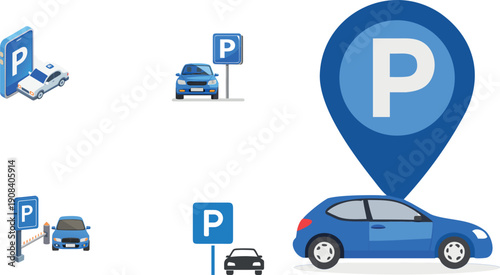 Set of Smart Parking and Car Navigation Icons featuring GPS Location, Mobile App, and Parking Lot Symbols