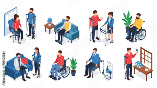 Comprehensive isometric set showing people with various physical disabilities using mobility aids like wheelchairs, crutches, and walkers.