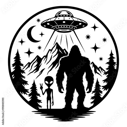 Bigfoot And Alien Under UFO Illustration, Sci Fi Fantasy Forest Scene, Mythical Creatures And Extraterrestrial Artwork