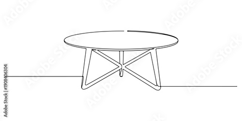 Continuous one line of a round coffee table with cross legs, representing the central element of a modern living room, drawn illustration.