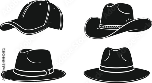 Set of hat silhouettes including baseball cap, cowboy hat and fedora styles, black vector collection isolated on white background for fashion design.
