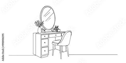 Continuous one line of a bathroom cabinet with drawers and mirror, depicting minimalist bathroom storage, drawn illustration.