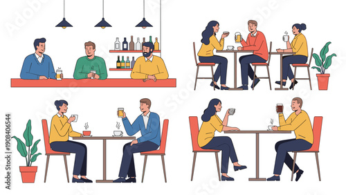 Diverse group of friends and couples enjoying drinks and conversation in various cafe, bar, and restaurant settings with modern decor.