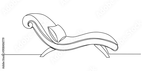 Continuous one line of a curved lounge chair with low seat, representing contemporary furniture for relaxation, drawn illustration.