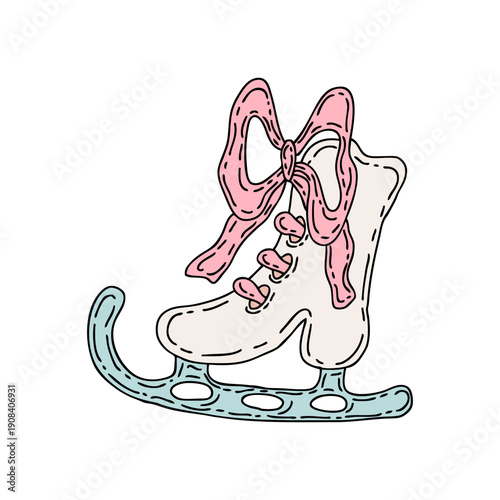 Hand drawn ice skate boot with pink ribbon bow. Figure skating winter skating sports equipment. Doodle isolated vector illustration.