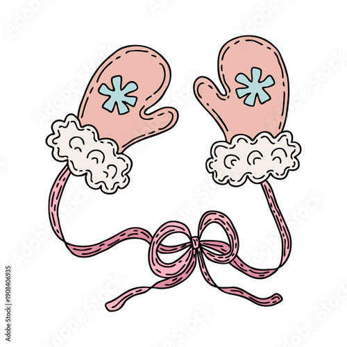 Hand drawn pair of winter mittens with snowflake design and pink ribbon bow lace. Flat doodle vector illustration.