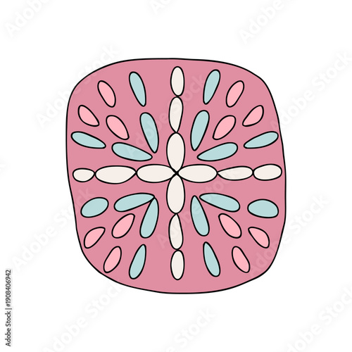 Hand drawn granny square crochet simple pattern. Abstract cozy folk art motif doodle isolated vector illustration.