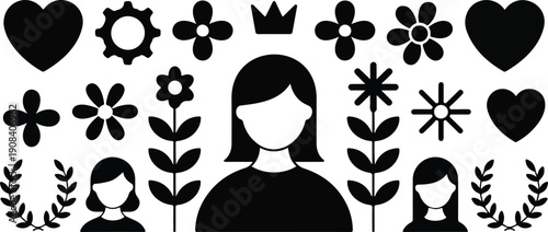 Black Cat and Black White Animals Silhouette Vector Set with Floral Tribal Ornament Design